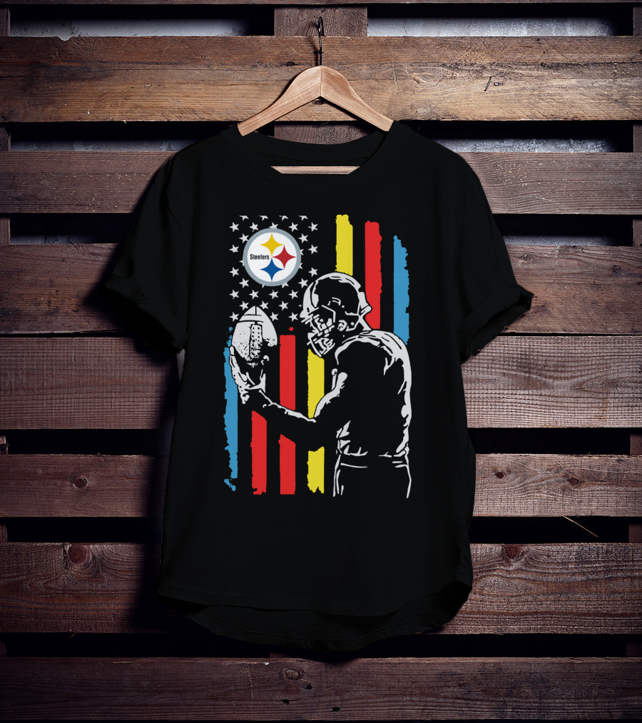 Pittsburgh Steelers American Flag Football Player Silhouette T-Shirt