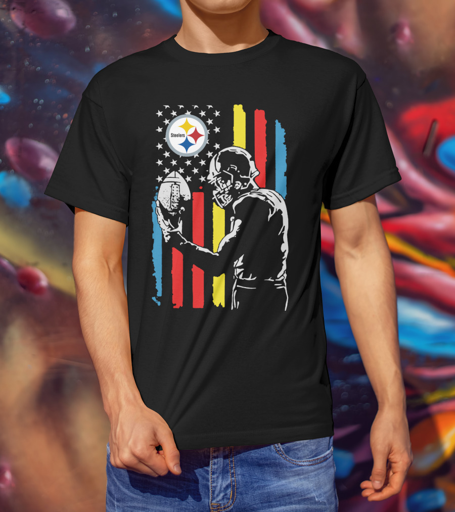 Pittsburgh Steelers American Flag Football Player Silhouette T-Shirt