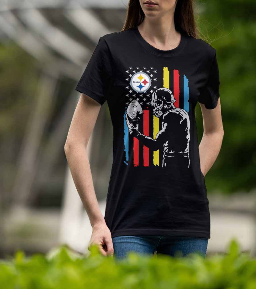 Pittsburgh Steelers American Flag Football Player Silhouette T-Shirt