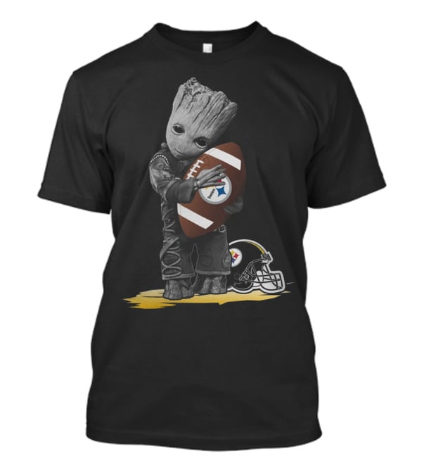 Groot Holding Football With Pittsburgh Steelers Helmet T-Shirt