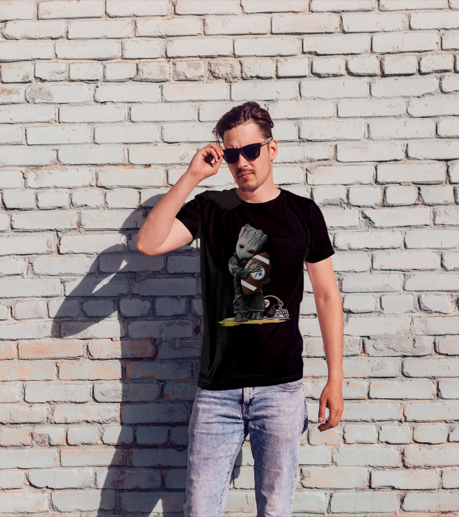 Groot Holding Football With Pittsburgh Steelers Helmet T-Shirt