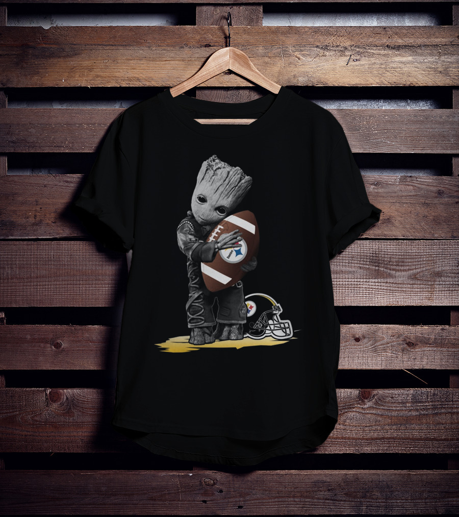 Groot Holding Football With Pittsburgh Steelers Helmet T-Shirt