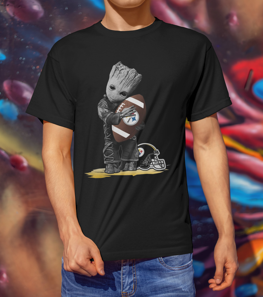 Groot Holding Football With Pittsburgh Steelers Helmet T-Shirt