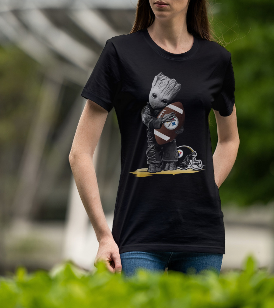 Groot Holding Football With Pittsburgh Steelers Helmet T-Shirt