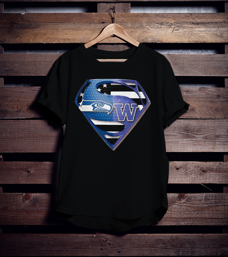 Superman Seattle Seahawks Washington Huskies Logo Combination T-Shirt