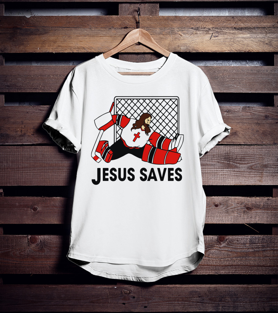 Hockey Jesus Saves Goalkeeper With Cross Motif In Action T-Shirt