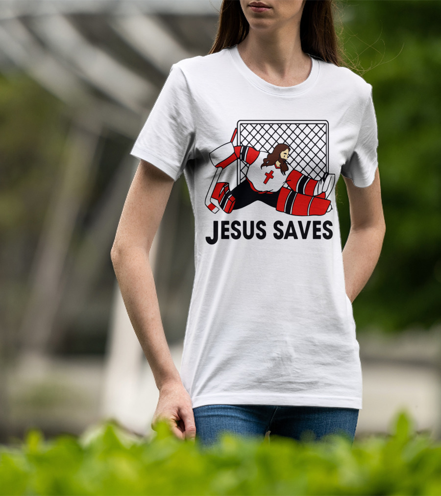Hockey Jesus Saves Goalkeeper With Cross Motif In Action T-Shirt
