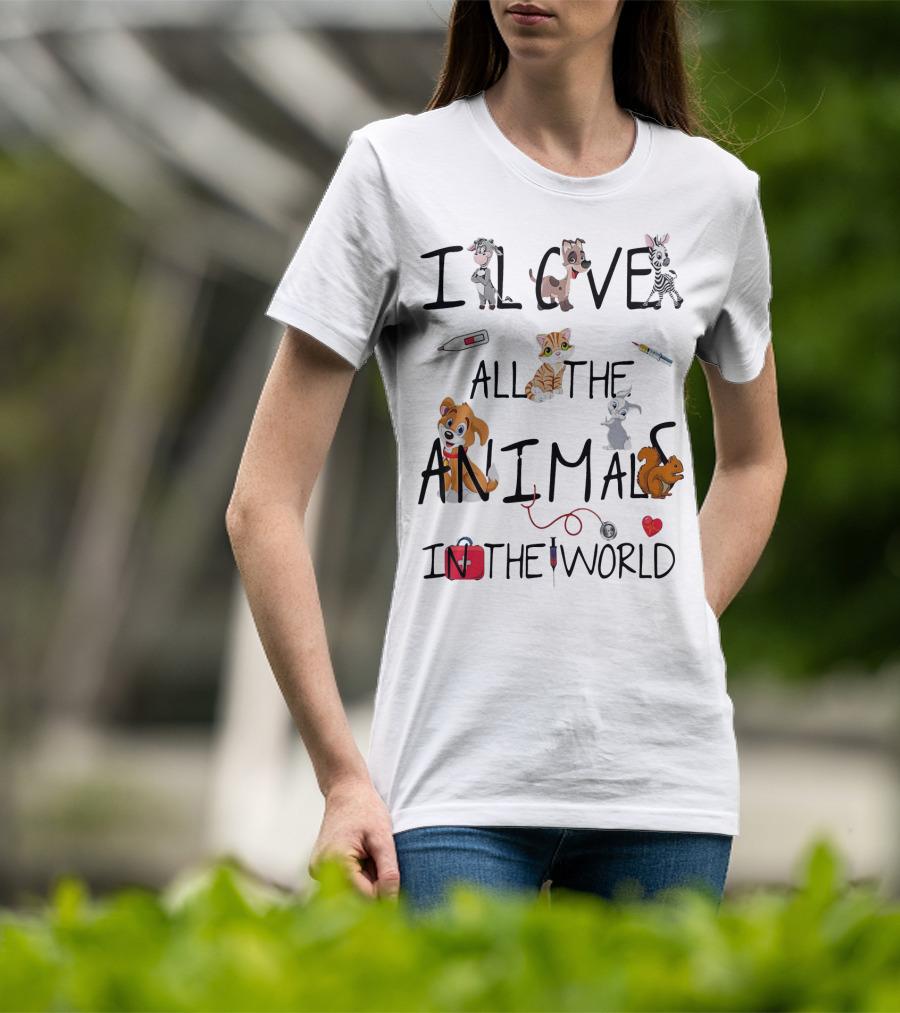 I Love All The Animals In The World Vet Theme With Cute Cartoon Animals And Medical Tools T-Shirt