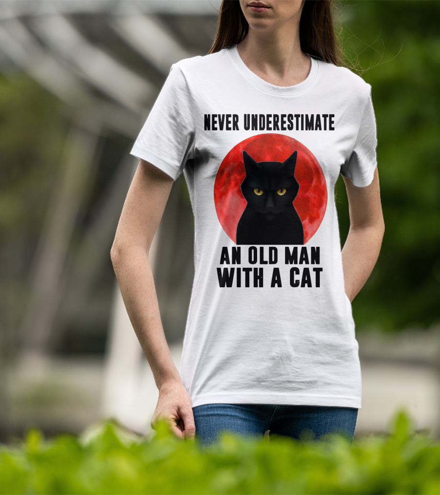 Never Underestimate An Old Man With A Cat Black Cat Red Moon T-Shirt