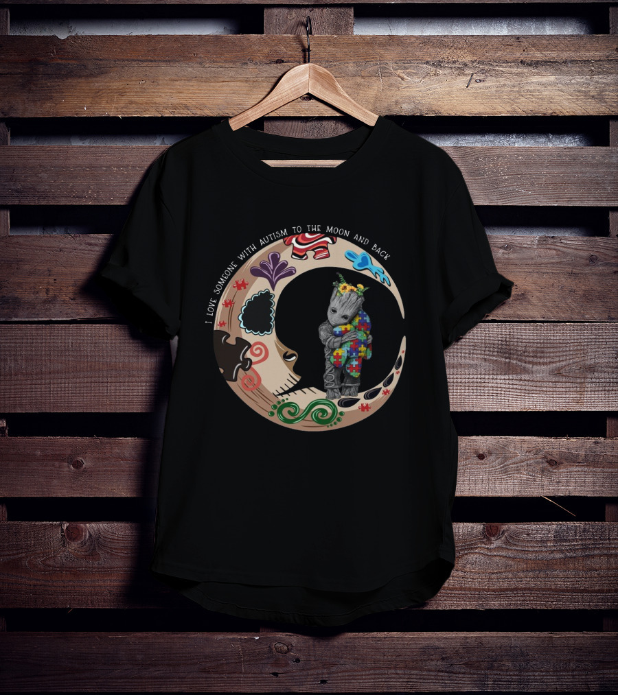 Baby Groot Holding Autism Puzzle Blanket In Vibrant Moon Circle I Love Someone With Autism To The Moon And Back T-Shirt