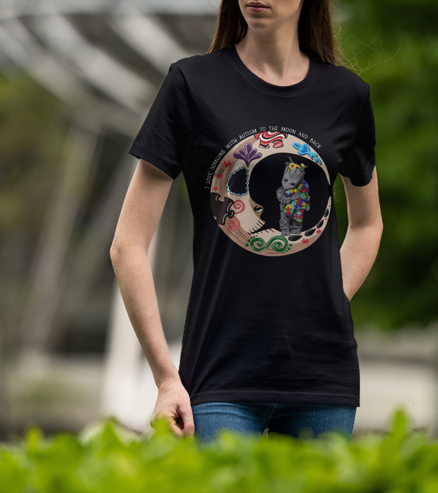Baby Groot Holding Autism Puzzle Blanket In Vibrant Moon Circle I Love Someone With Autism To The Moon And Back T-Shirt