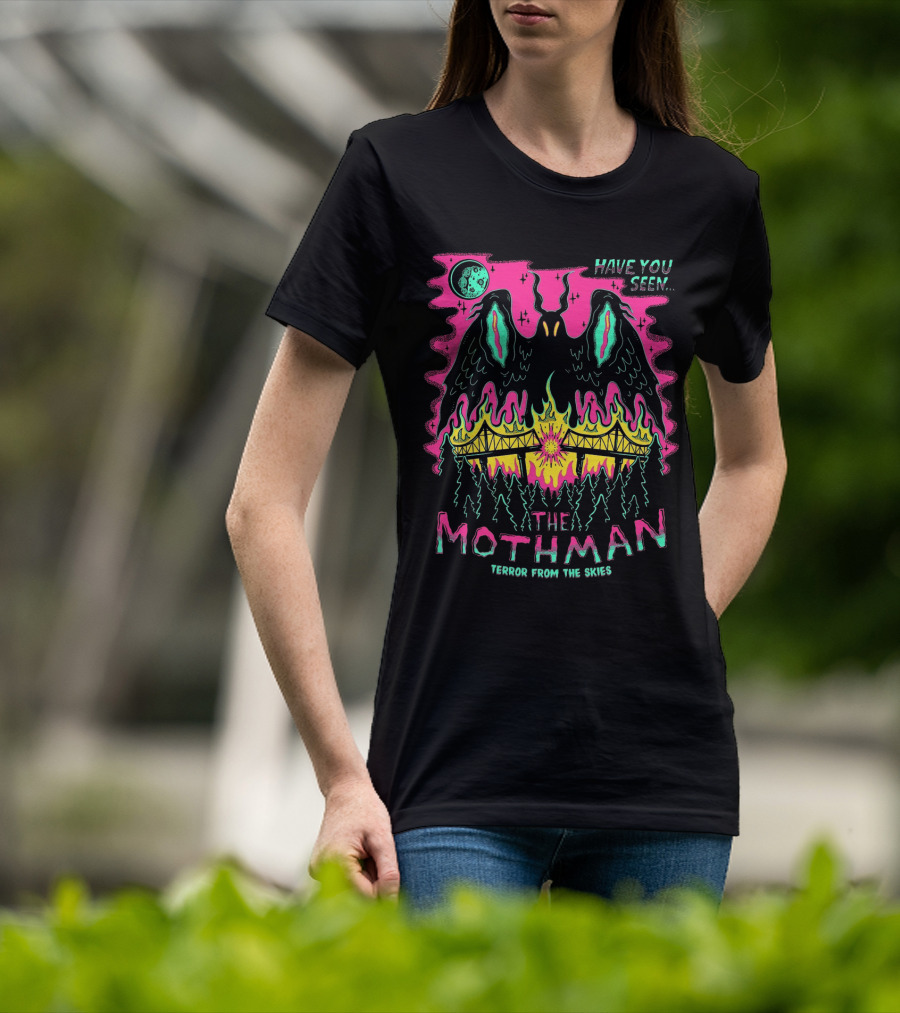 Have You Seen The Mothman Terror From The Skies Moonlit Night Fire Bridge Forest Scene T-Shirt
