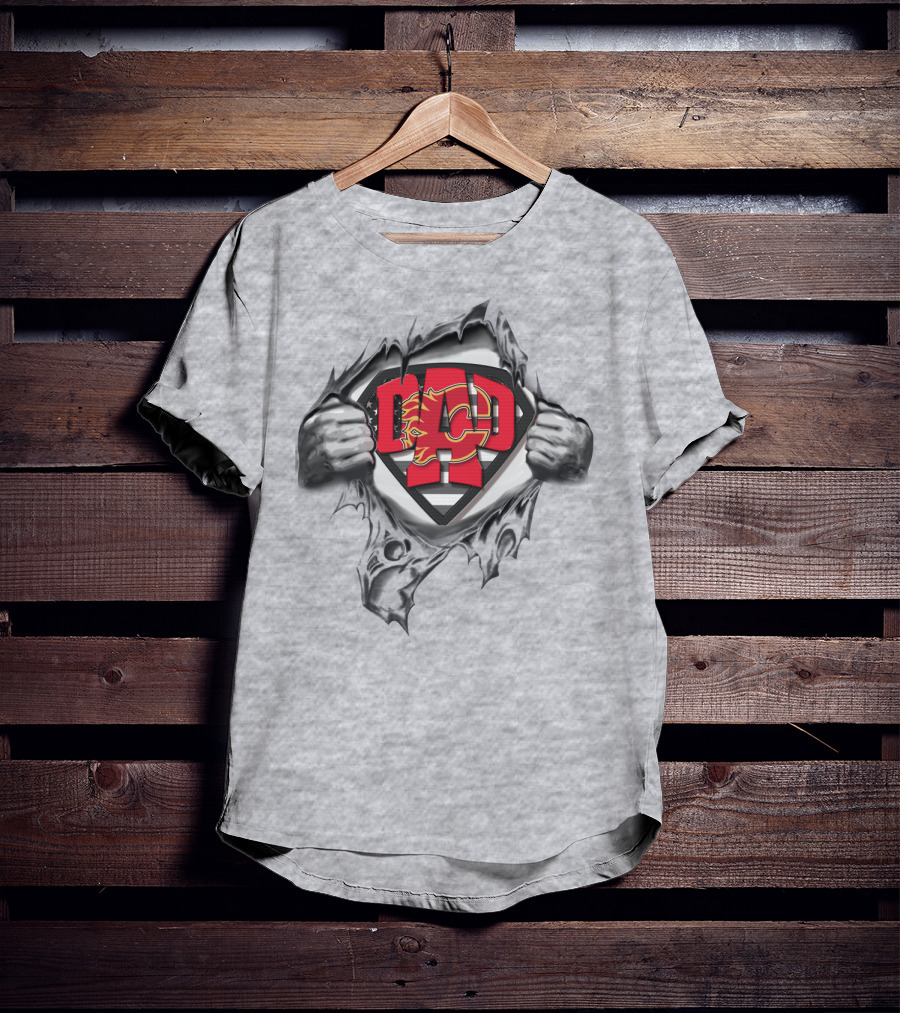 SUPERDAD Calgary Flames Logo With Superman Symbol Torn Effect T-Shirt