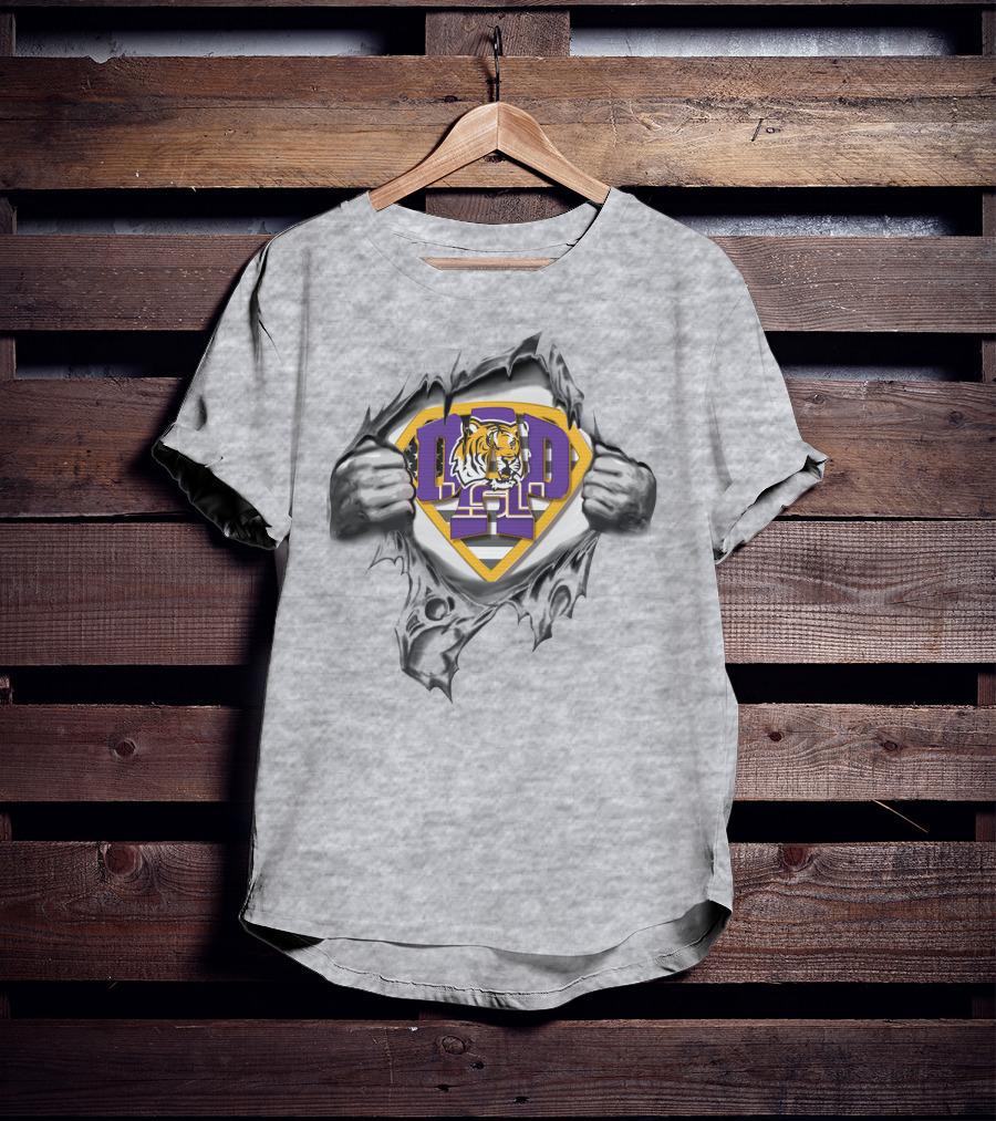 Superdad Lsu Tigers Iconic Tiger Face Logo IN Superhero S Chest Ripped Effect T-Shirt