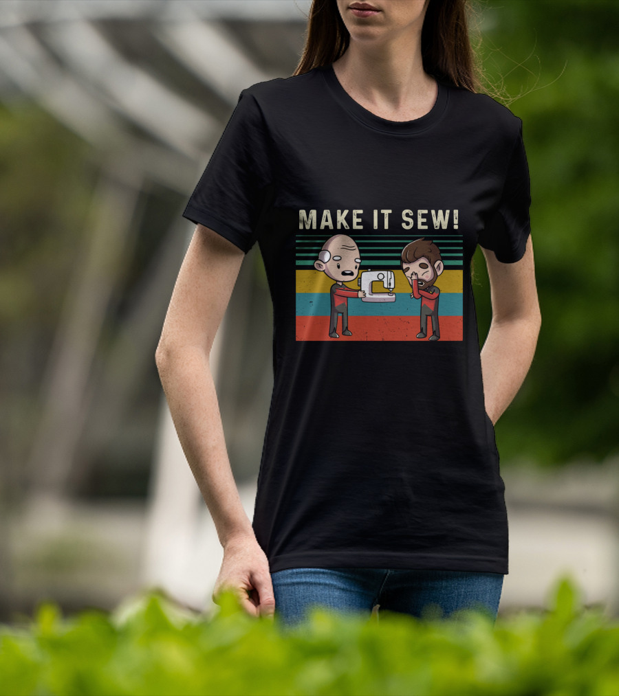 Make It Sew Featuring William Riker And Jean Luc Picard Sewing Machine T-Shirt