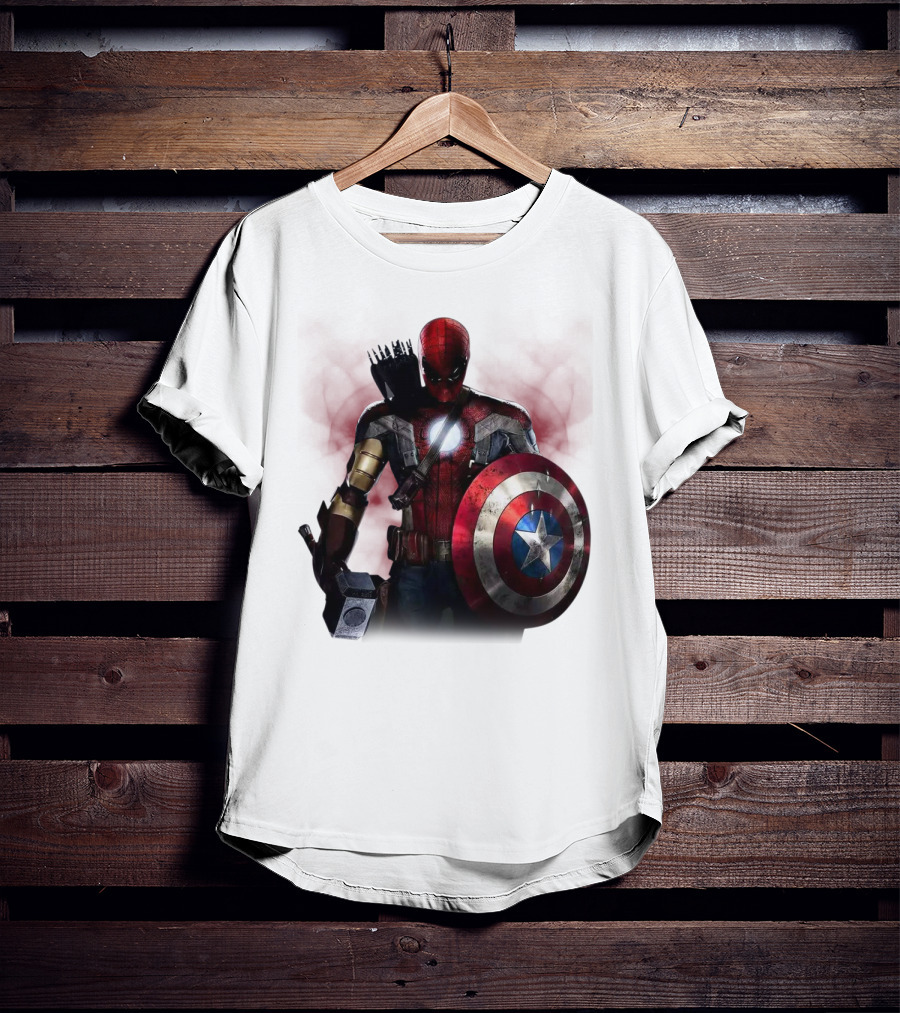Overpowered Avengers Man Captain America Spider-Man Thor Iron Man Fusion With Shield And Mjolnir T-Shirt