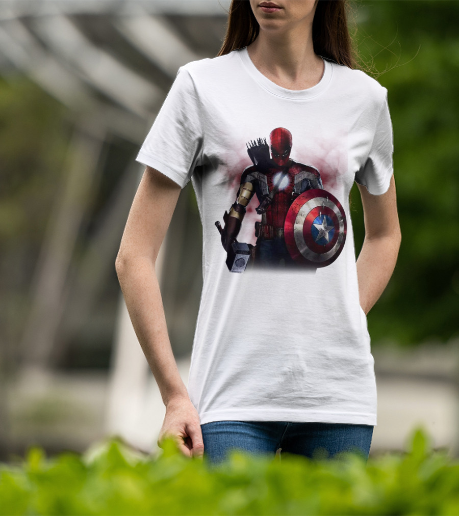 Overpowered Avengers Man Captain America Spider-Man Thor Iron Man Fusion With Shield And Mjolnir T-Shirt