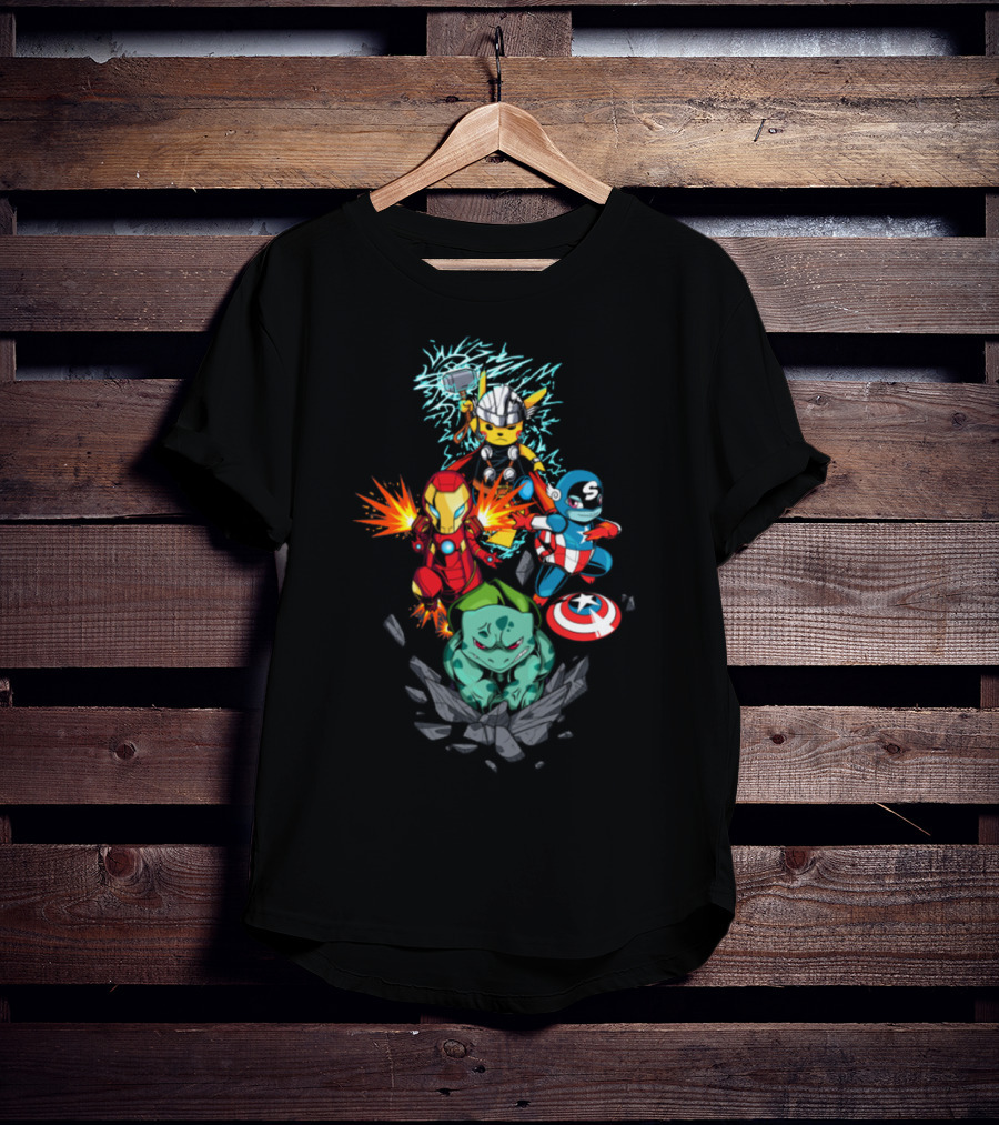 Avengers Pokemon Crossover Pikachu Thor Iron Man Bulbasaur Captain America T-Shirt