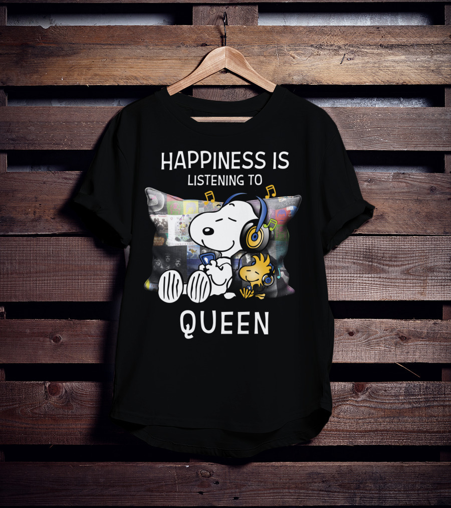 Happiness Is Snoopy And Woodstock Listening To Queen Music T-Shirt