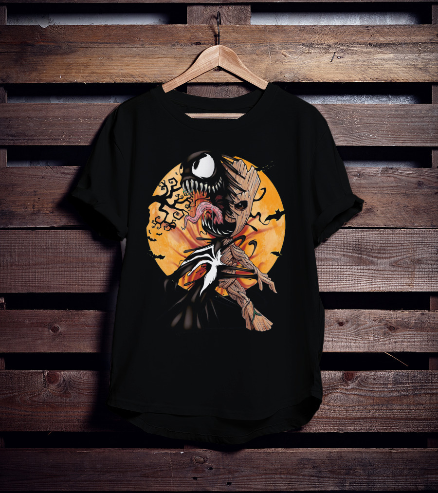 Baby Groot Venom Symbiote Halloween Moon Scene T-Shirt