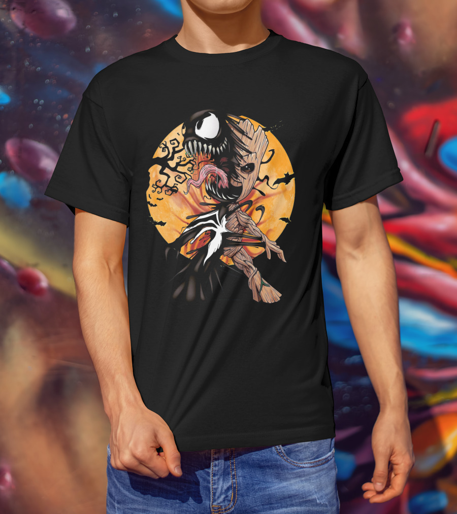 Baby Groot Venom Symbiote Halloween Moon Scene T-Shirt