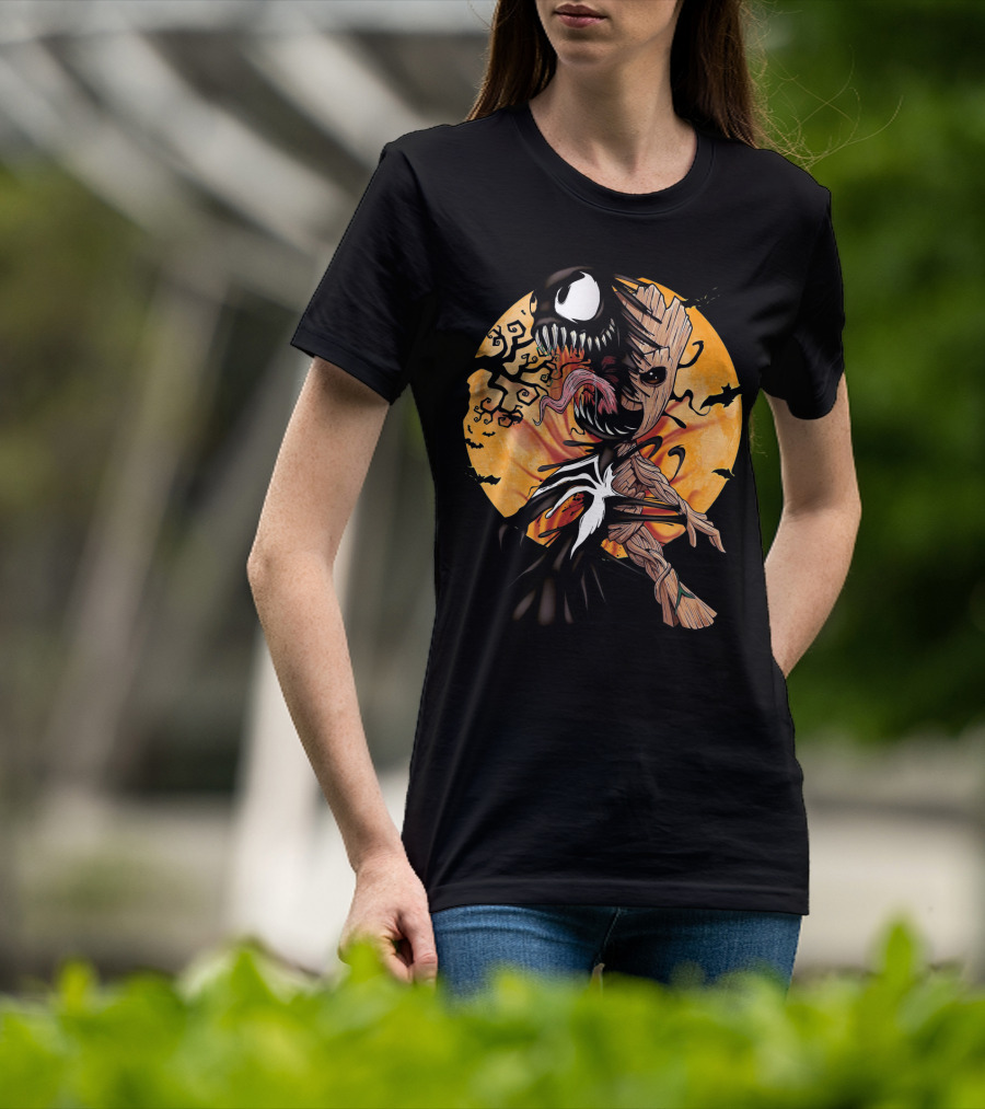 Baby Groot Venom Symbiote Halloween Moon Scene T-Shirt