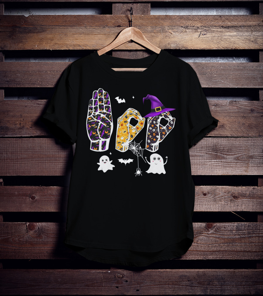 Deaf Pride Halloween Sign Language Hands With Ghosts Bats And Witch Hat T-Shirt