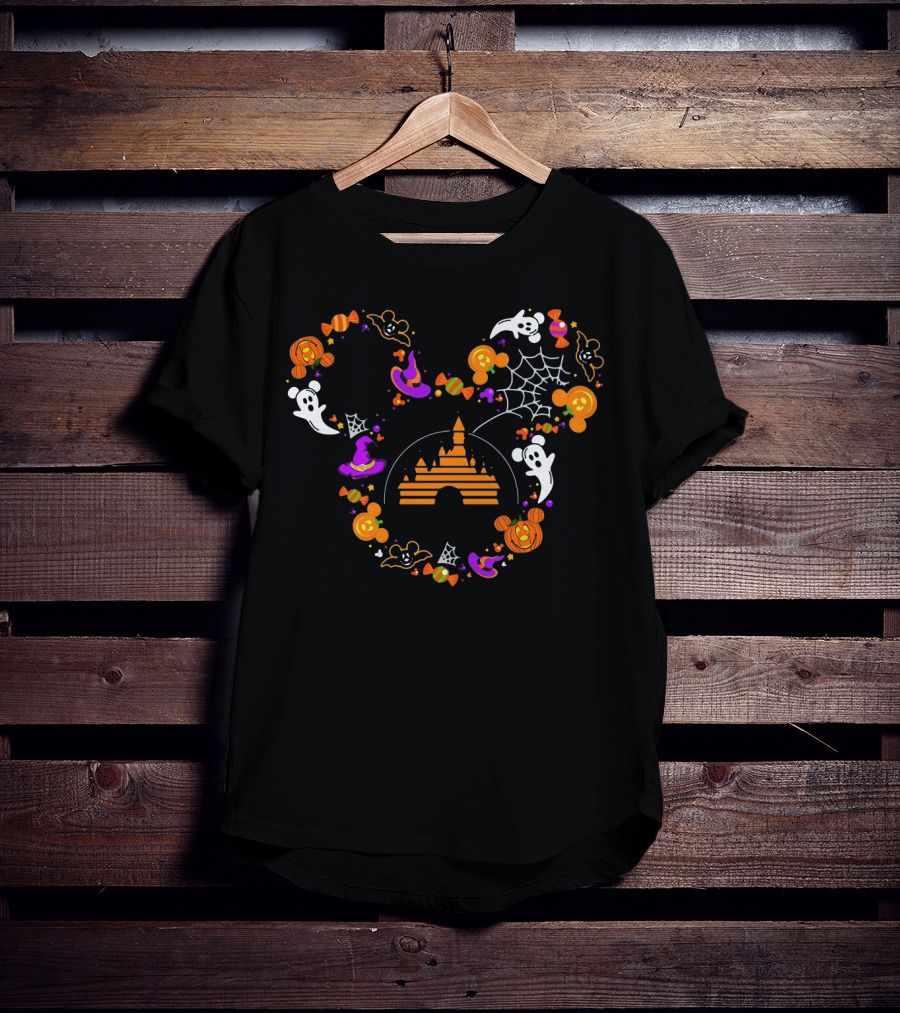 Mickey Mouse Halloween Candy Ghosts Pumpkins Magic Castle Spiderwebs T-Shirt