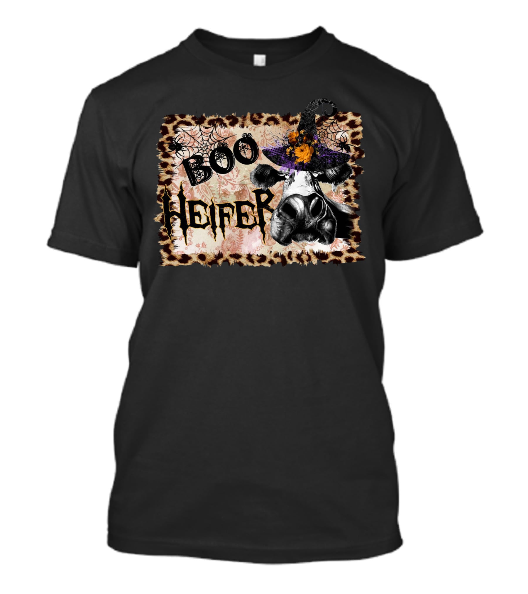 Boo Heifer Halloween Cow Witch Hat Leopard Print Spiderweb T-Shirt