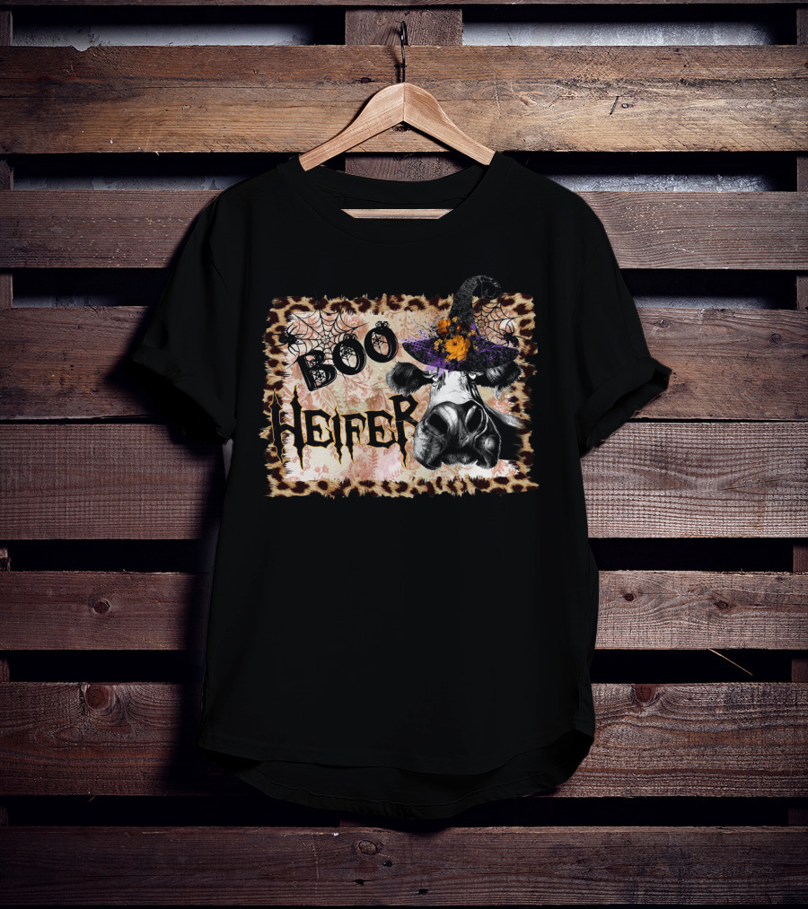 Boo Heifer Halloween Cow Witch Hat Leopard Print Spiderweb T-Shirt