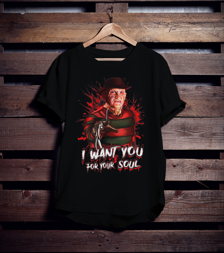 Freddy Krueger I Want You For Your Soul Horror Icon With Red And Green Stripes And Claw Glove T-Shirt