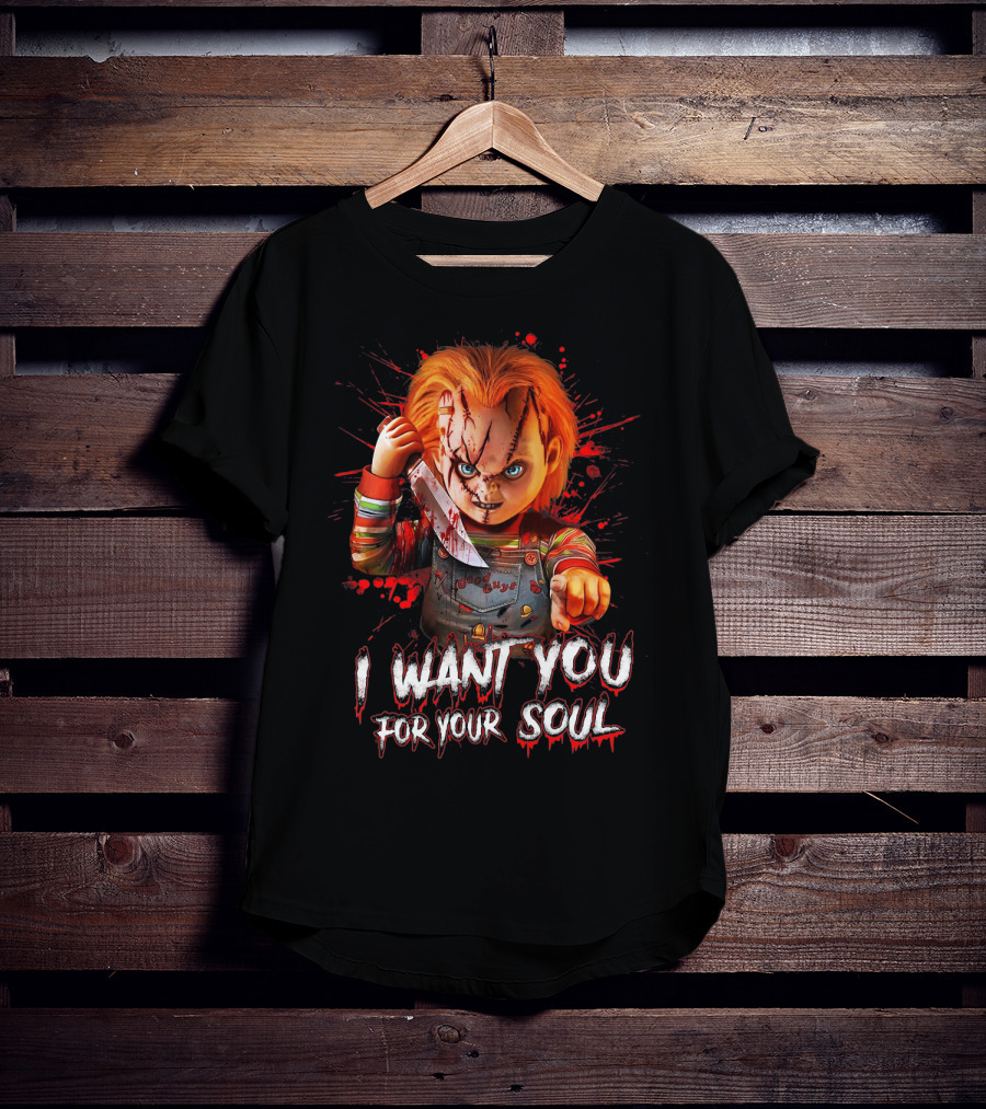 Chucky Horror Character With Knife I Want You For Your Soul T-Shirt