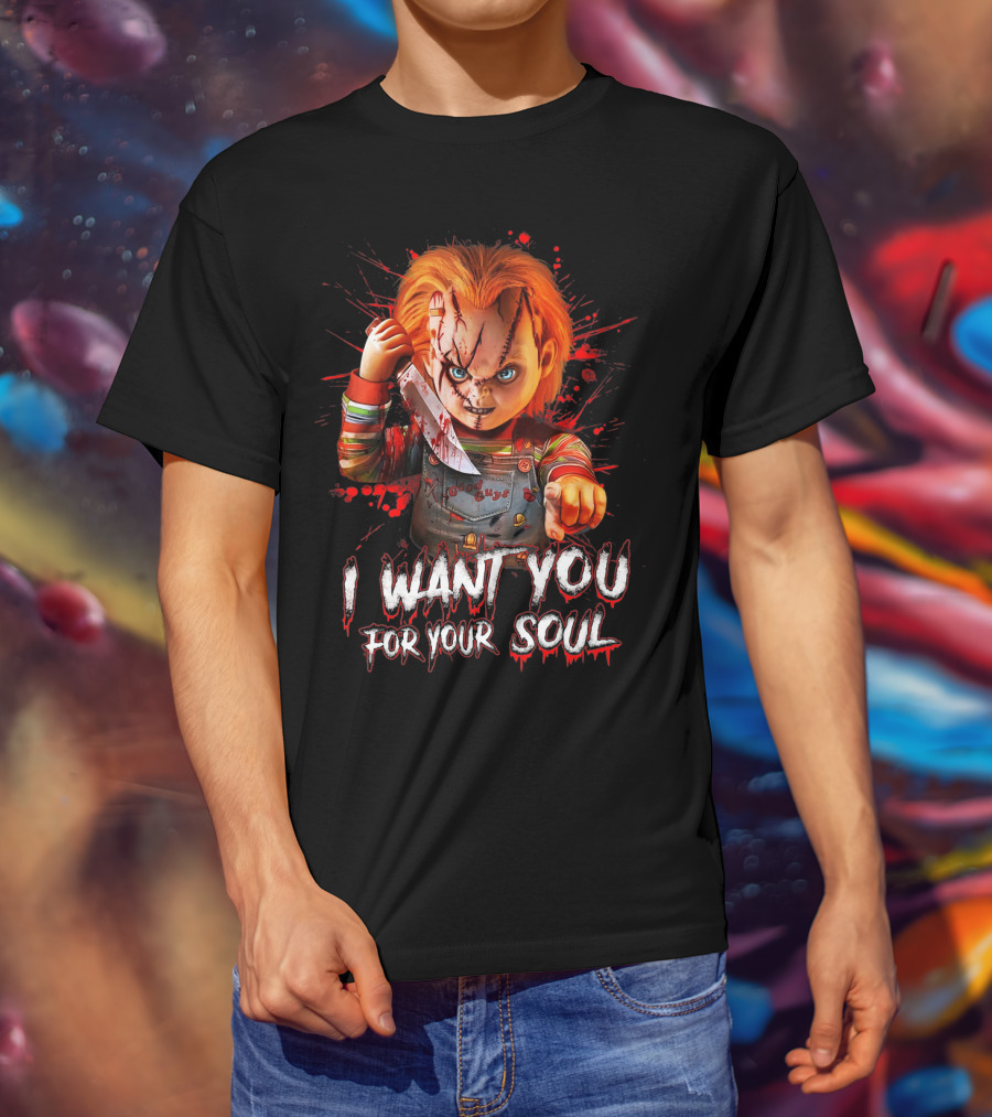 Chucky Horror Character With Knife I Want You For Your Soul T-Shirt