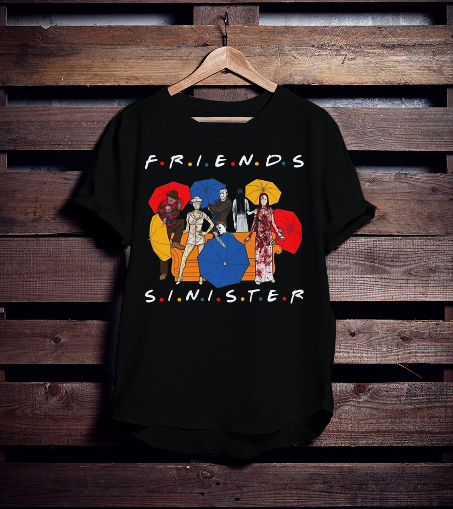 Friends Sinister Fusion Of Iconic Horror Characters On Central Perk Couch With Umbrellas T-Shirt
