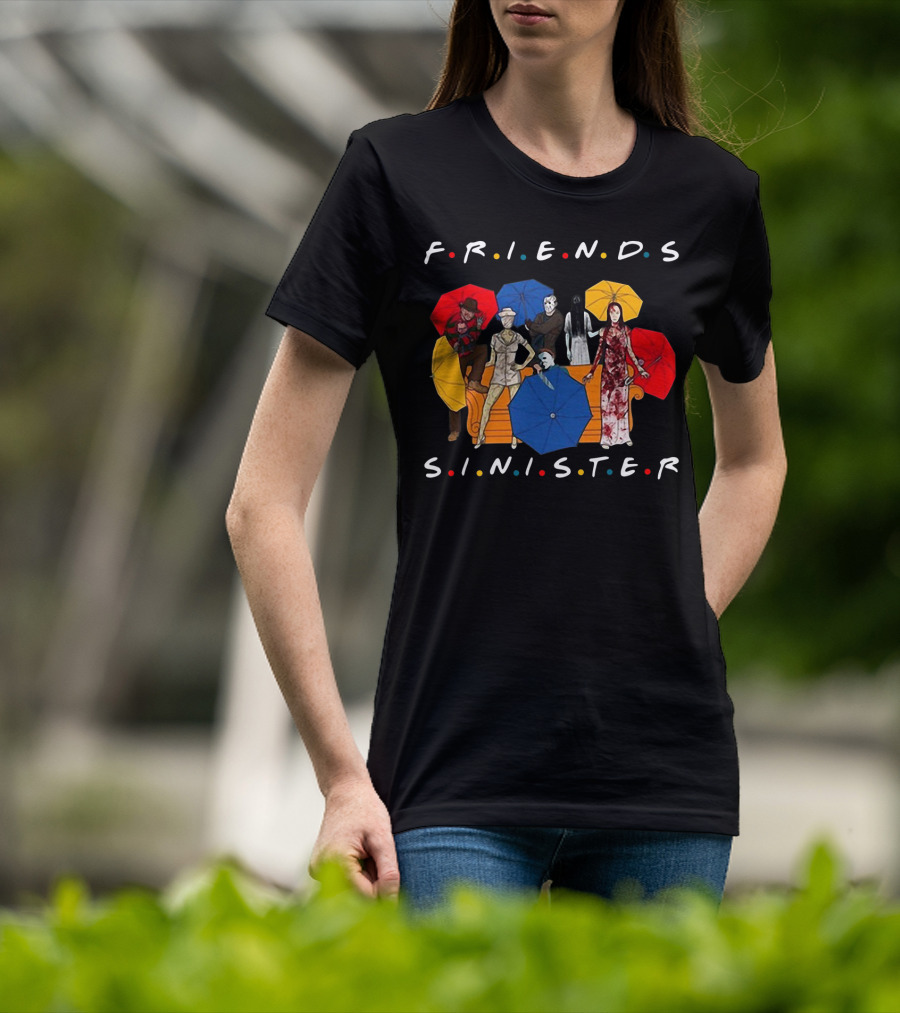 Friends Sinister Fusion Of Iconic Horror Characters On Central Perk Couch With Umbrellas T-Shirt