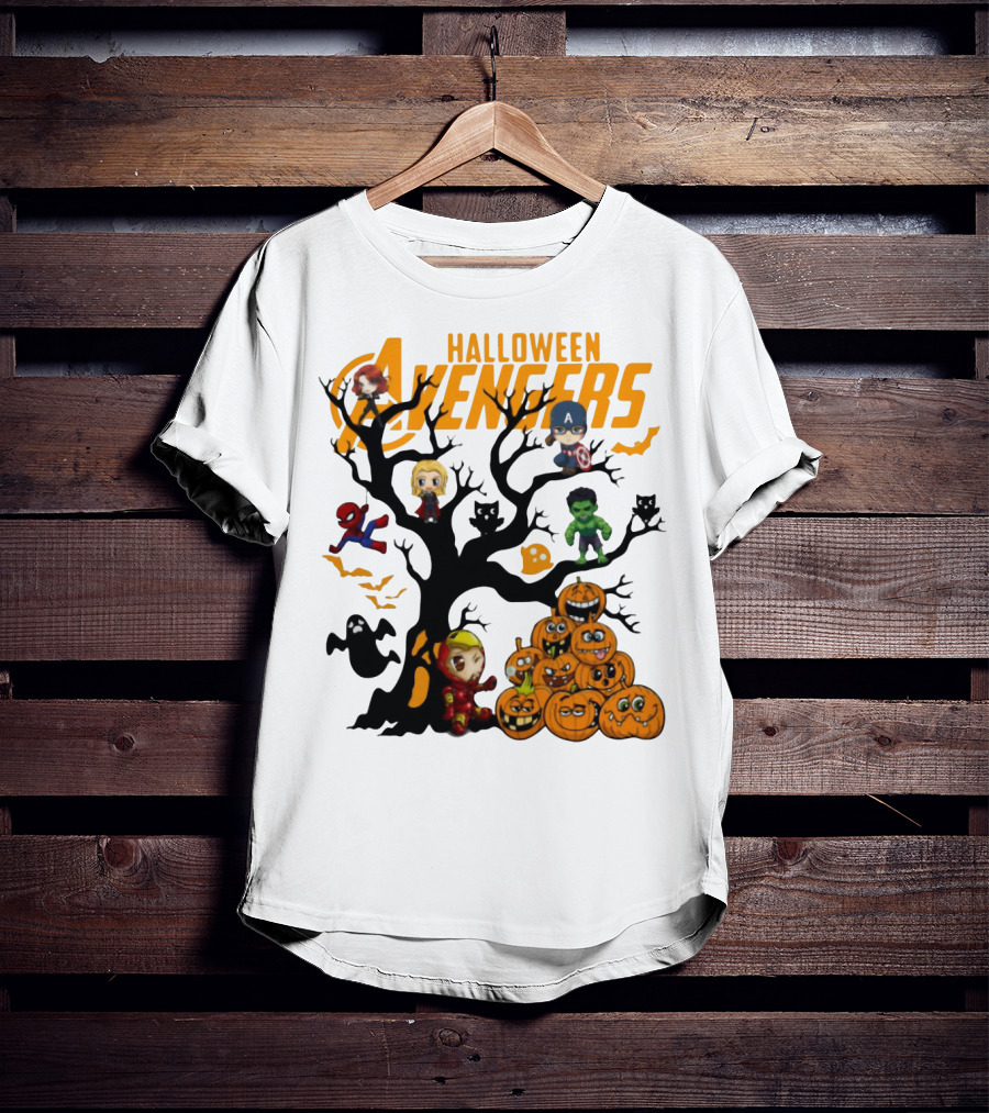 Chibi Halloween Avengers Characters With Pumpkins And Ghosts T-Shirt