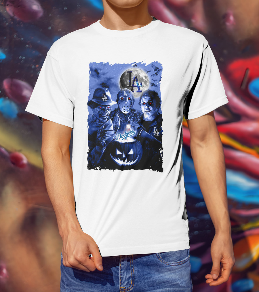 Los Angeles Dodgers Horror Icons Halloween Moon T-Shirt