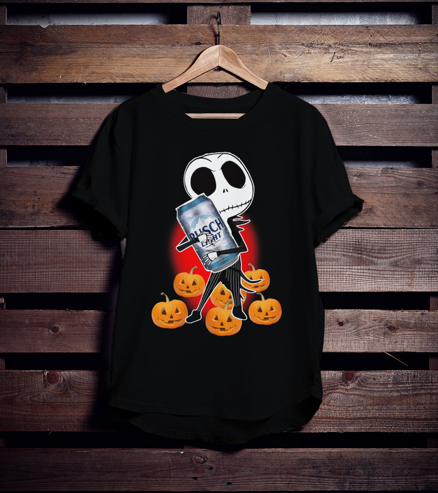 Jack Skellington Busch Light Hug Surrounded By Pumpkins Halloween T-Shirt