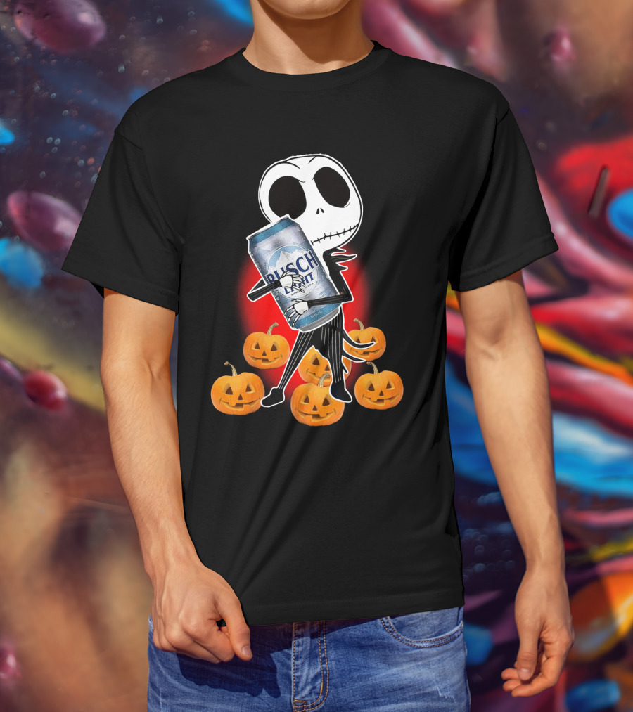 Jack Skellington Busch Light Hug Surrounded By Pumpkins Halloween T-Shirt