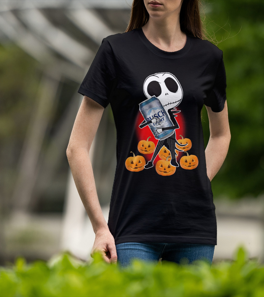 Jack Skellington Busch Light Hug Surrounded By Pumpkins Halloween T-Shirt