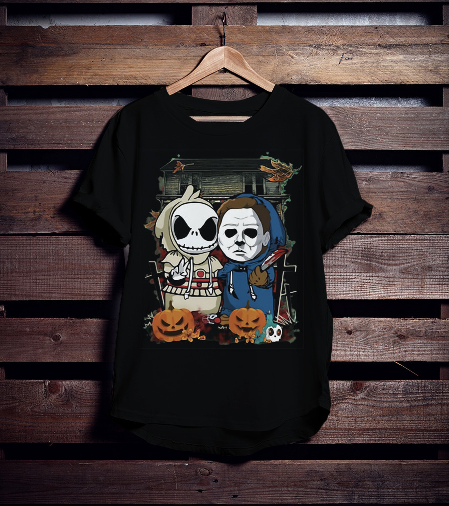 Jack Skellington And Michael Myers Halloween Crossover With Haunted House And Pumpkins T-Shirt