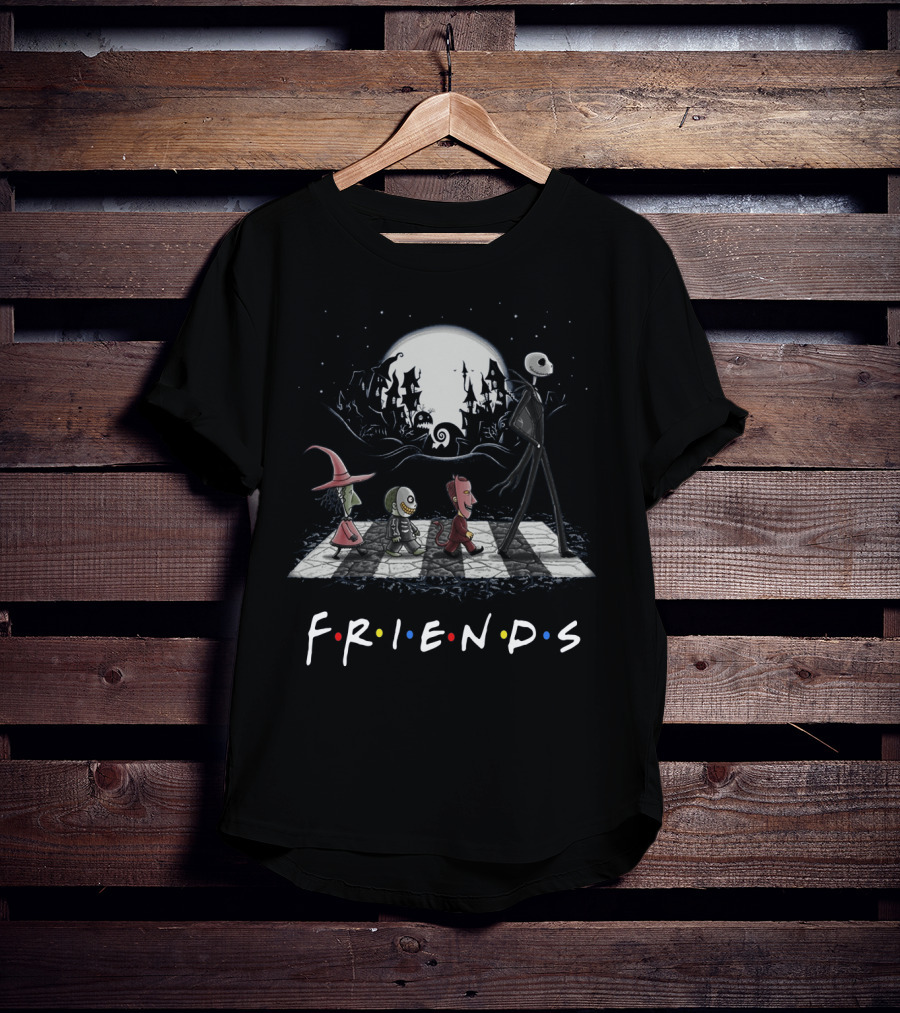 Friends Nightmare Before Christmas Characters Abbey Road Parody With Full Moon Background T-Shirt