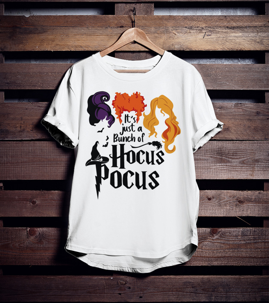 Hocus Pocus It's Just A Bunch Of Witch Hair Silhouettes With Hats And Bats T-Shirt