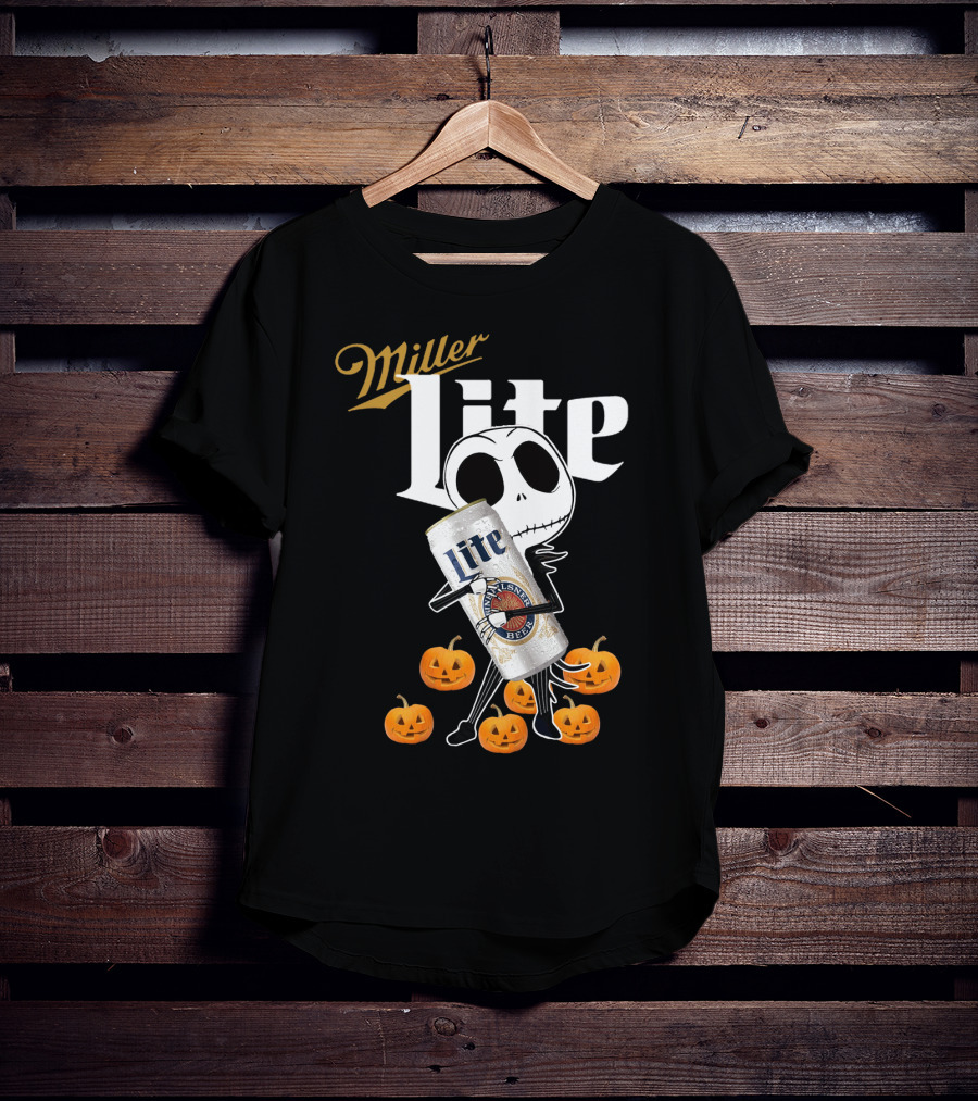 Jack Skellington Holding Miller Lite Surrounded By Pumpkins T-Shirt