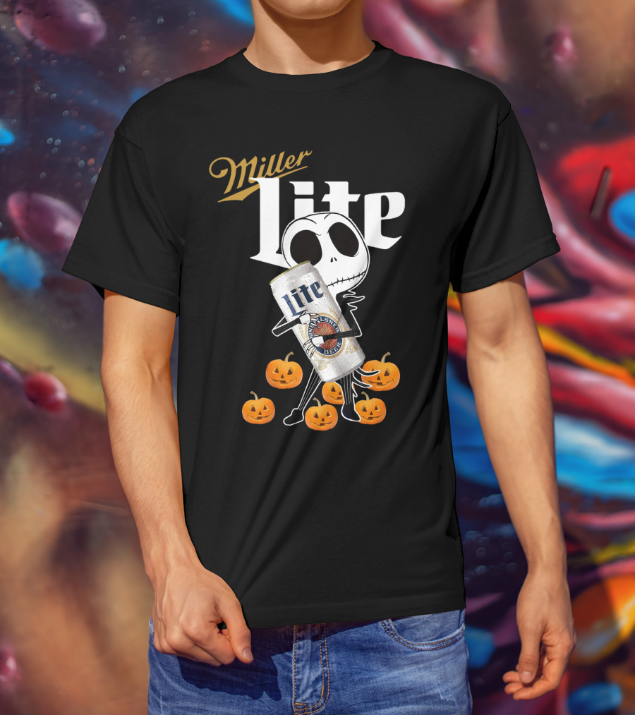 Jack Skellington Holding Miller Lite Surrounded By Pumpkins T-Shirt