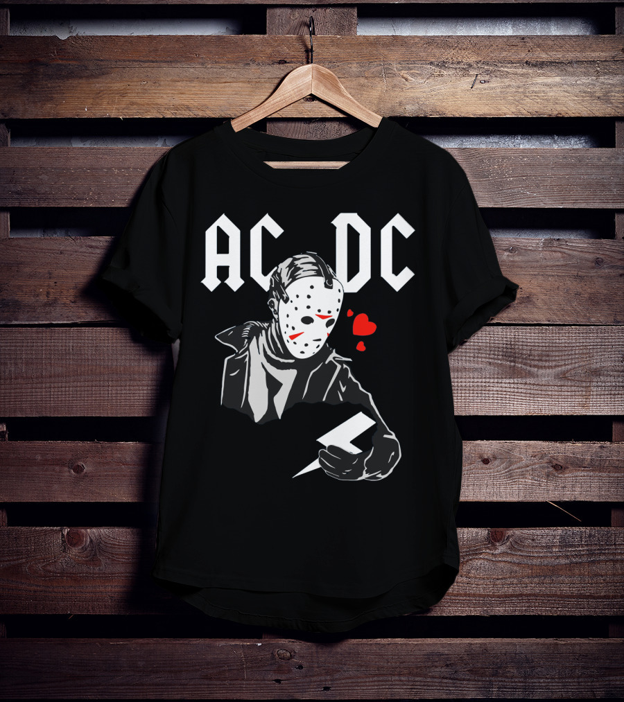 Acdc Jason Voorhees Mask Holding Lightning Bolt With Hearts T-Shirt