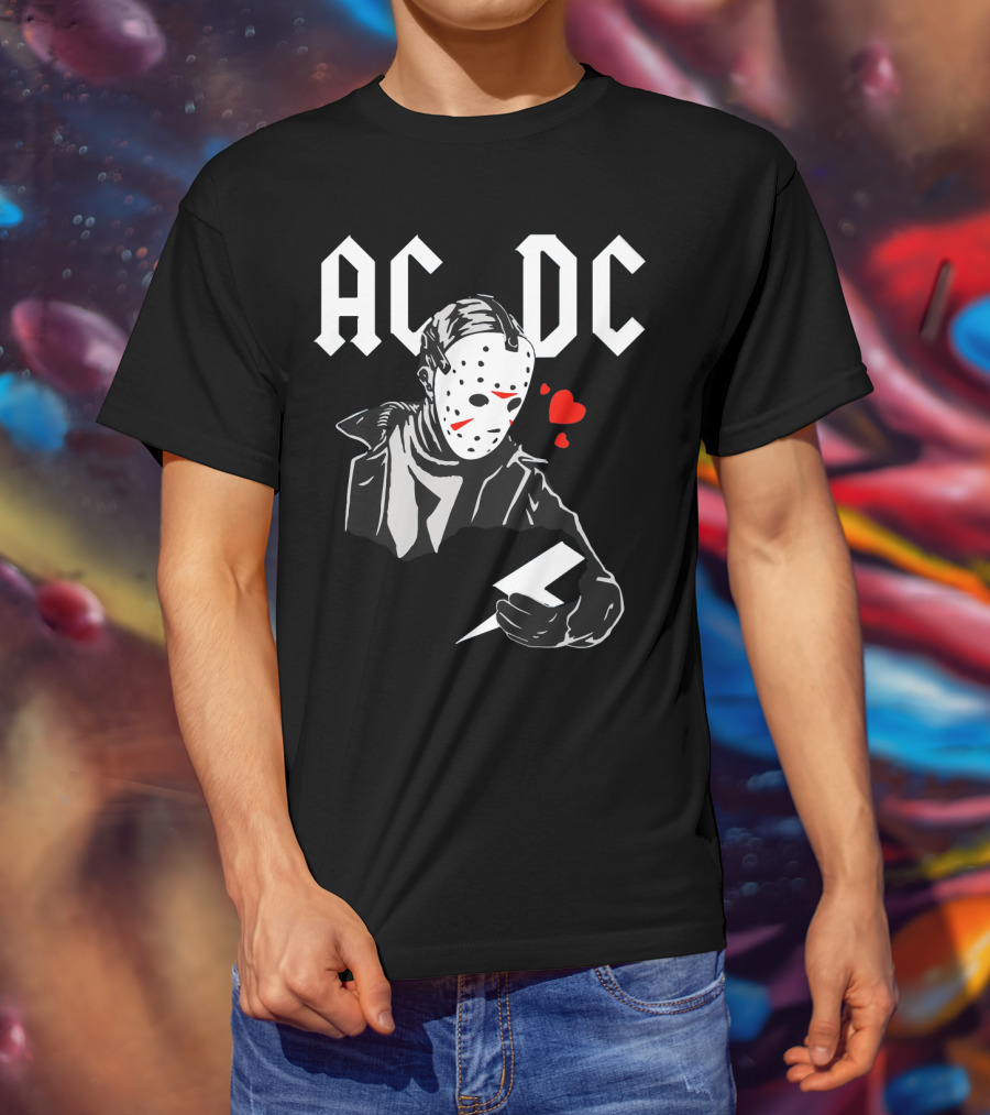 Acdc Jason Voorhees Mask Holding Lightning Bolt With Hearts T-Shirt