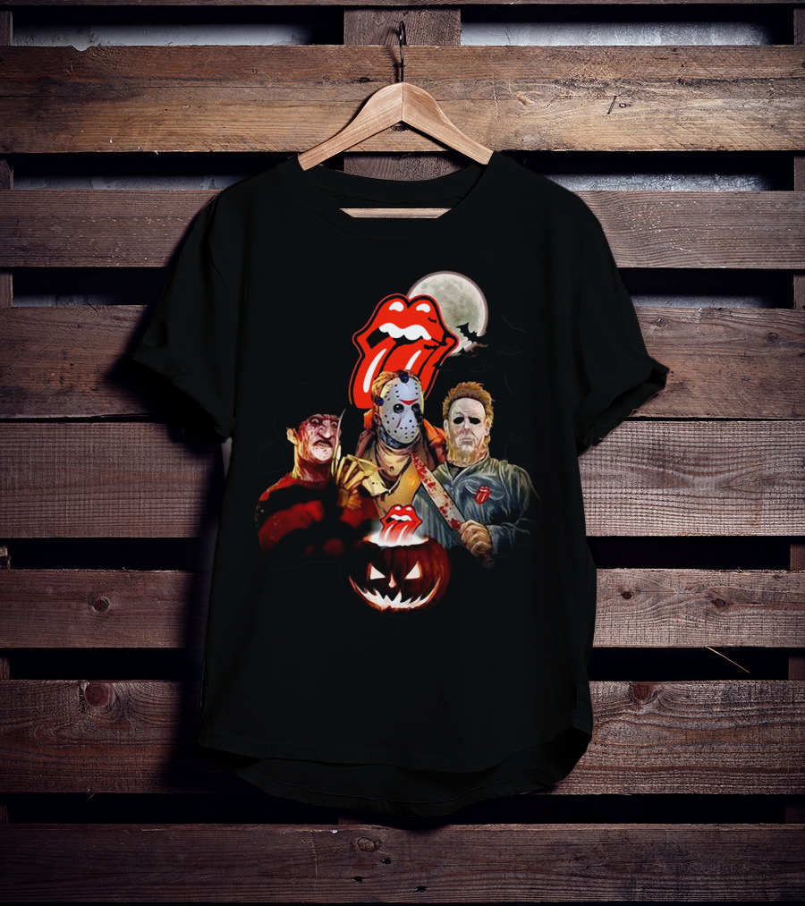 Michael Myers Voorhees Freddy Horror Mashup Halloween Moon Pumpkins Bats Tongue T-Shirt