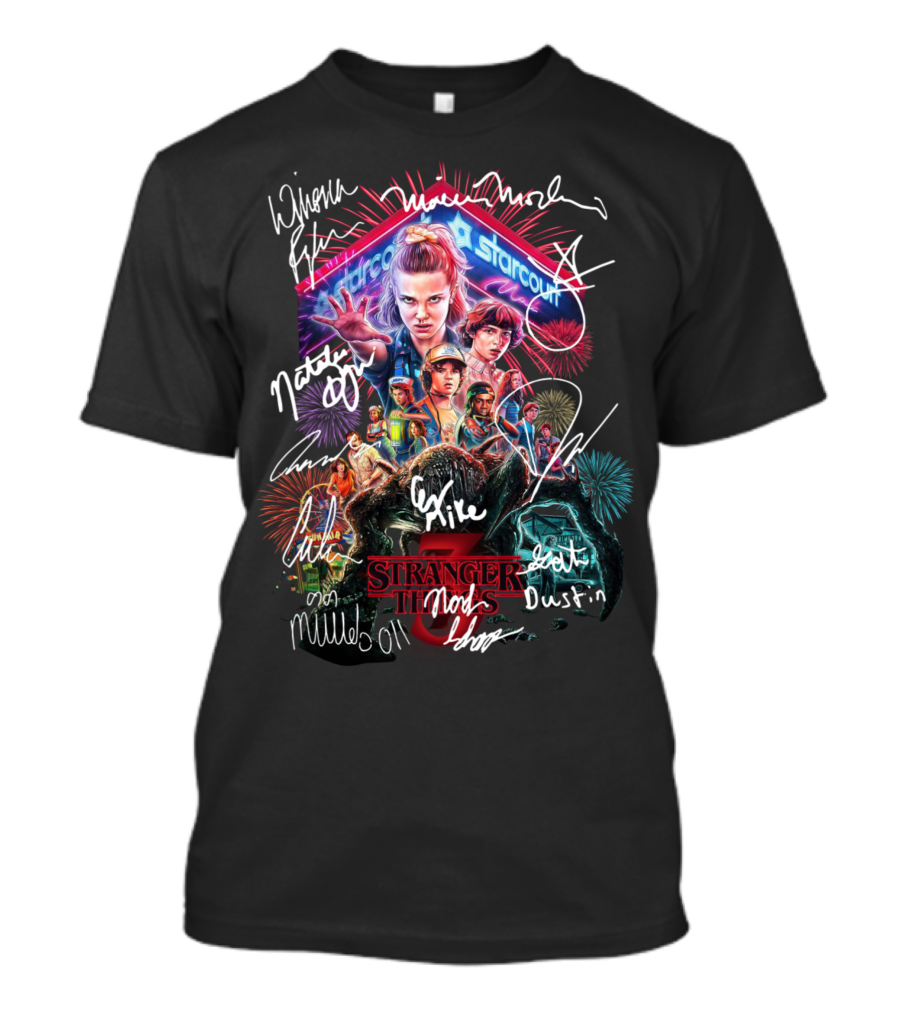 Stranger Things 3 Starcourt Mall Eleven Dustin Mike Lucas Signatures Poster T-Shirt
