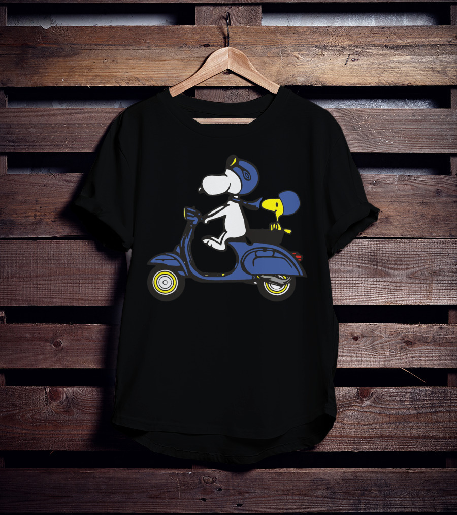Snoopy And Woodstock Riding Blue Vespa With Helmets T-Shirt